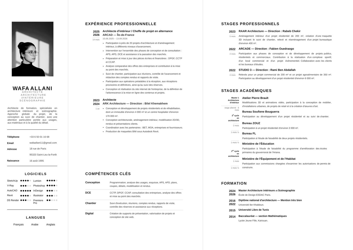 Curriculum vitæ de Wafa Allani, architecte